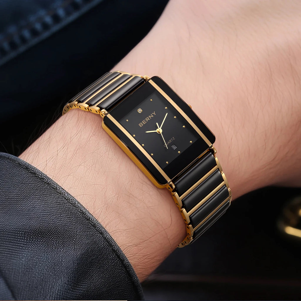 BERNY Ceramic Quartz Men Watch Fashion Luxury Rectangle Wristwatch XV12 Waterproof Calendar Diamon Black Gold Couple Gifts Watch