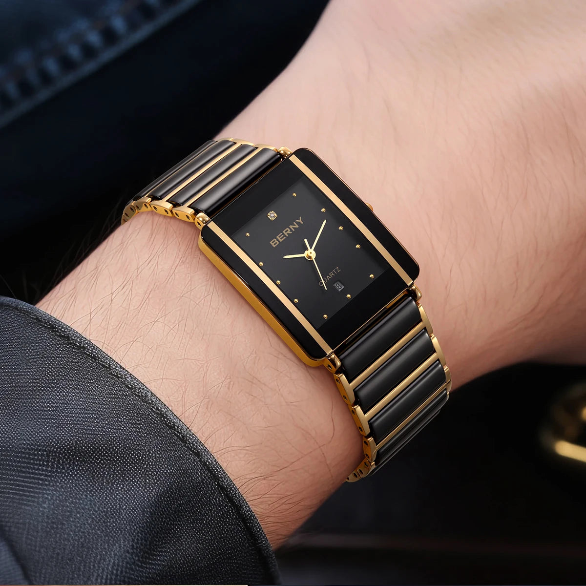 BERNY Ceramic Quartz Men Watch Fashion Luxury Rectangle Wristwatch XV12 Waterproof Calendar Diamon Black Gold Couple Gifts Watch