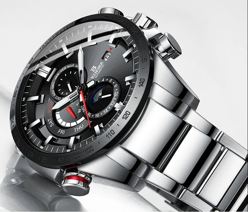 Genuine Luxury Switzerland BINGER Brand Mens Watches Automatic Mechanical Luminous Waterproof Running Calendar Male Moon Phase