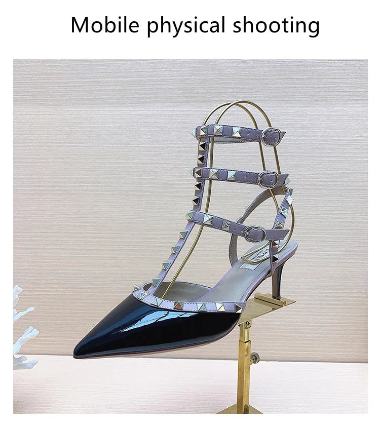 Three straps Rivet Heeled sandals luxury Women's Gladiator sandals summer Brand Slingbacks High Heels designer party Ladies Shoe