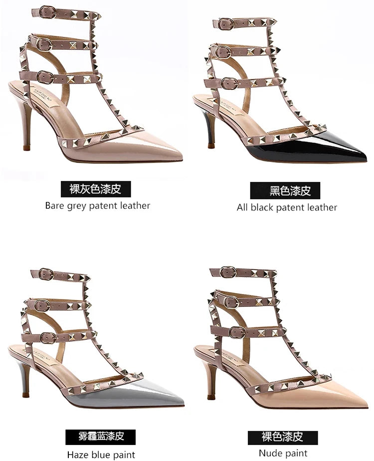 Three straps Rivet Heeled sandals luxury Women's Gladiator sandals summer Brand Slingbacks High Heels designer party Ladies Shoe
