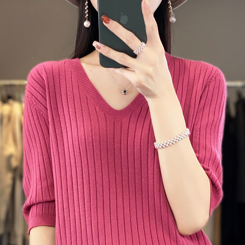 Women's Sweater Spring Summer Short Sleeve V-neck Knit Shirt Casual Korean Pullovers Stripe Bottoming Shirt Slim Fit Jumpers