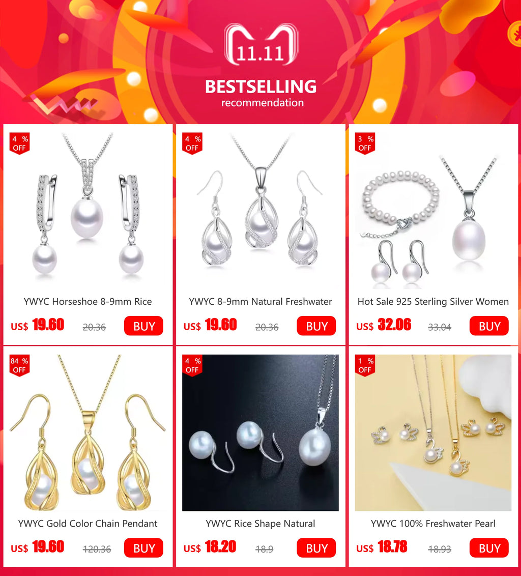 YWYC Horseshoe 8-9mm Rice Freshwater Pearl Earrings&Necklaces Jewelry Set for Women 925 Sterling Silver 45cm Pendant Necklace