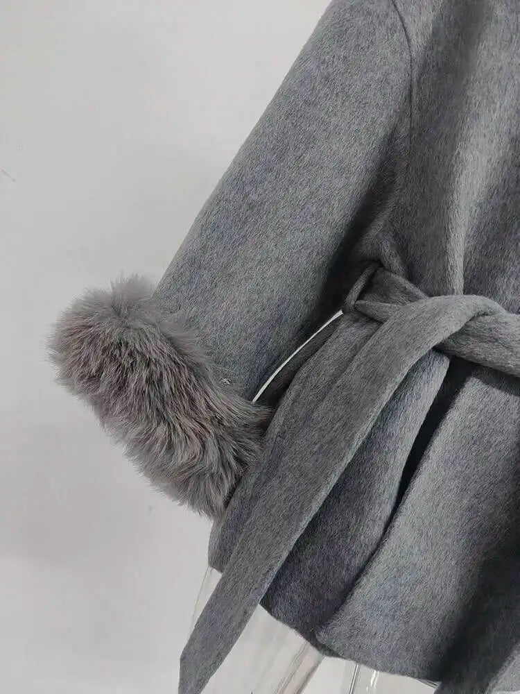 UCXQ Elegant OL Office Lady Overcoats Fur Patchwork Long Sleeve Woolen Coat Beautiful Women's Clothing Jacket Autumn 2025 Winter