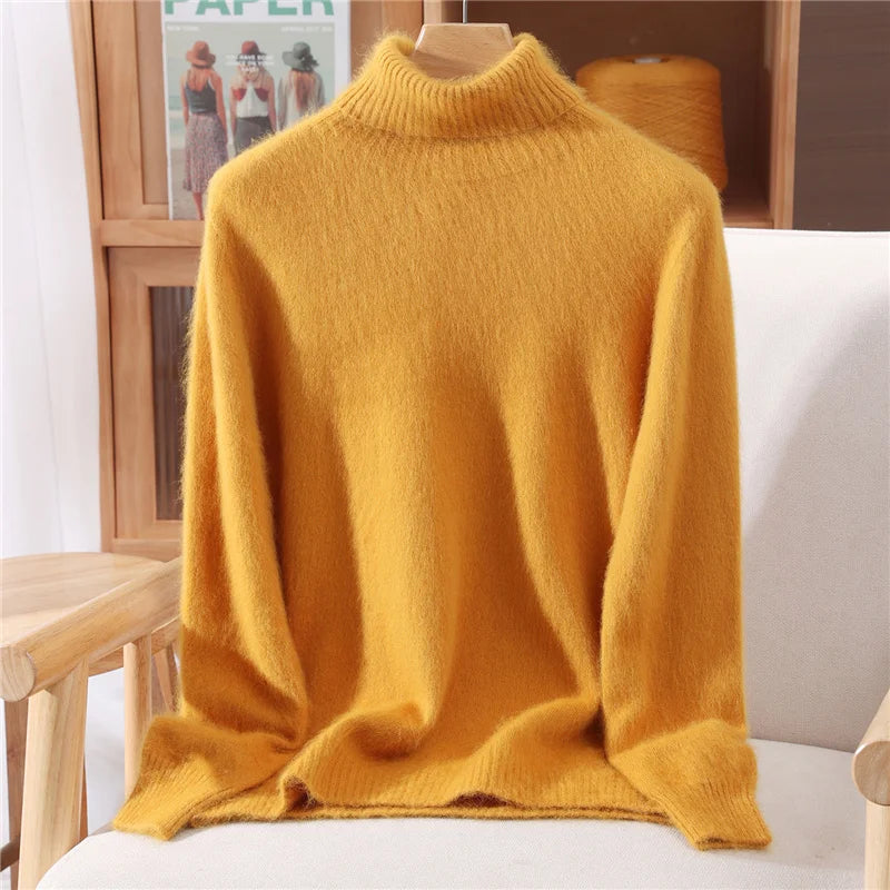 Autumn And Winter New 100% Mink Cashmere Sweater Ladies' High Lapel Solid Color Padded Pullover Wool Knitted Bottoming Shirt