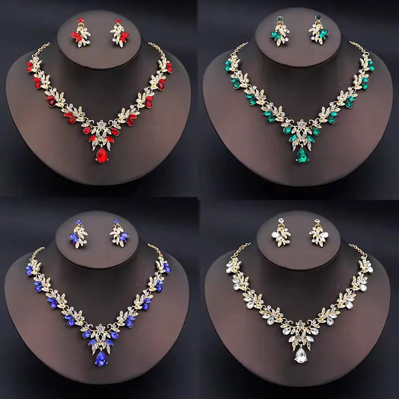 3PC Wedding Season Women's Fashion Trend Sparkling Leaf Water Drop Necklace Earrings Jewelry Set Banquet Party Holiday Gift