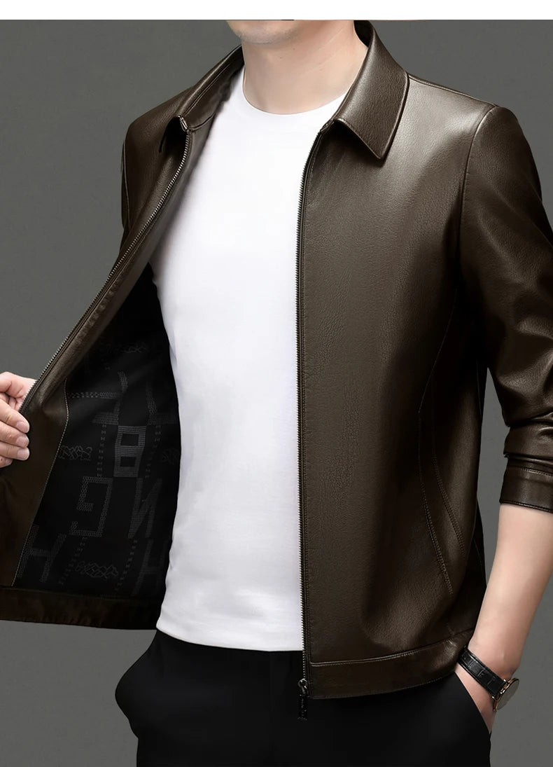 YN-2335 Spring and Autumn Men's Genuine Leather Polo Mock Neck Jacket Fashion Slim Sheepskin Coat Black Grey Husband Gift Youth