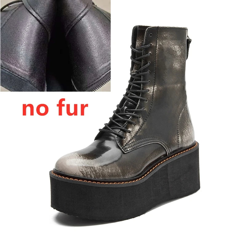 AIYUQI Women Ankle Boots Genuine Leather 2025 New Platform High Heel Short Boots Female Non-slip Large Size Women Winte Boots