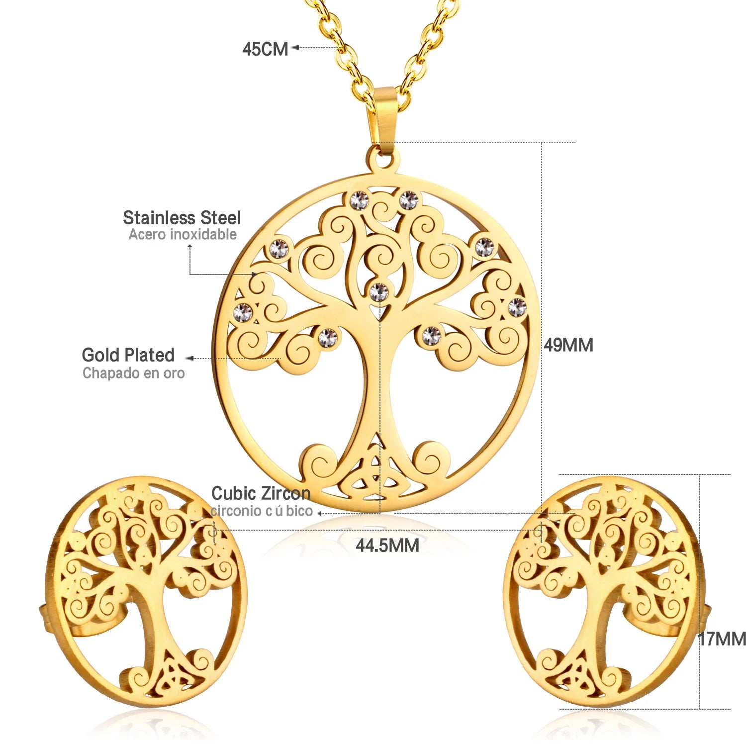 LUXUKISSKIDS Big Tree Of Life Charms Dubai Golden Jewelry Sets For Woman/Men Hippie Round Pendant Set of Necklace Earrings Punk