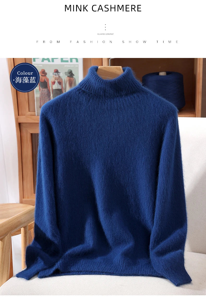 Autumn And Winter New 100% Mink Cashmere Sweater Ladies' High Lapel Solid Color Padded Pullover Wool Knitted Bottoming Shirt
