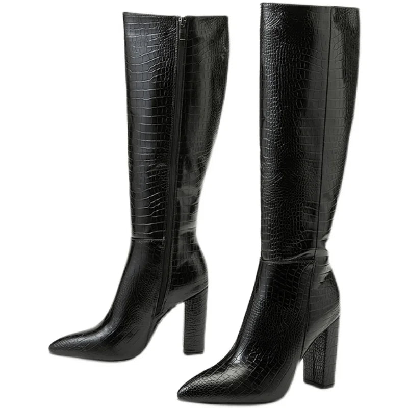 Aneikeh Pointed Thick Heels Knee Long Boots Women's 2025 Spring/Autumn Patent Leather Crocodile Pattern Panel Side Zipper Boots