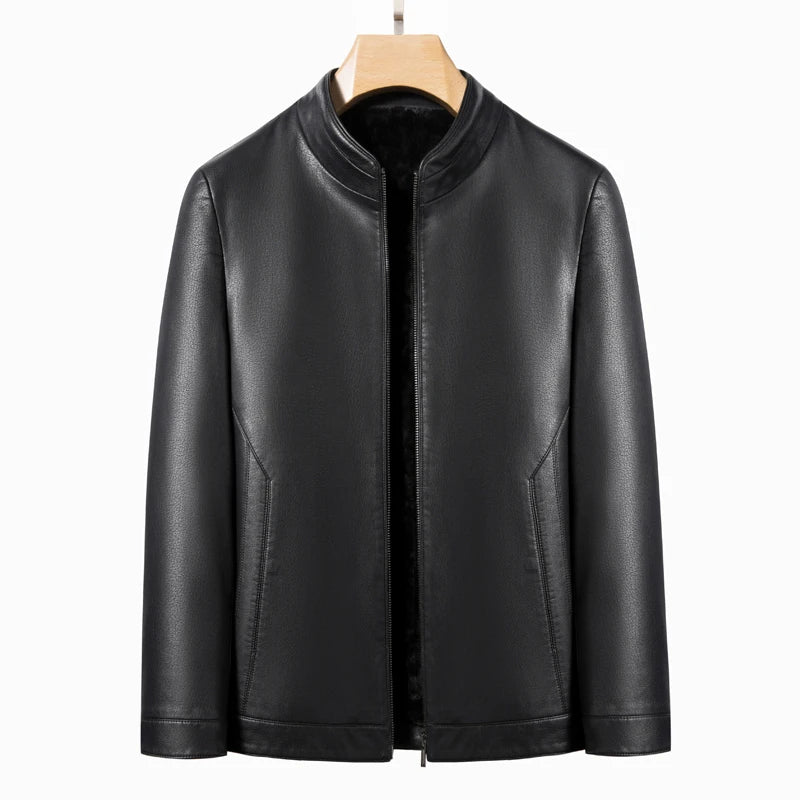 YN-2335 Spring and Autumn Men's Genuine Leather Polo Mock Neck Jacket Fashion Slim Sheepskin Coat Black Grey Husband Gift Youth