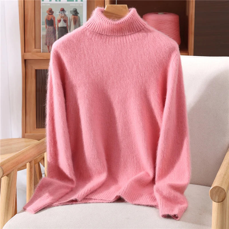 Autumn And Winter New 100% Mink Cashmere Sweater Ladies' High Lapel Solid Color Padded Pullover Wool Knitted Bottoming Shirt