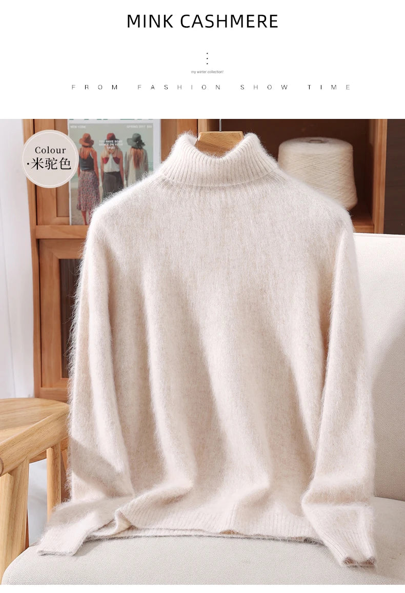 Autumn And Winter New 100% Mink Cashmere Sweater Ladies' High Lapel Solid Color Padded Pullover Wool Knitted Bottoming Shirt