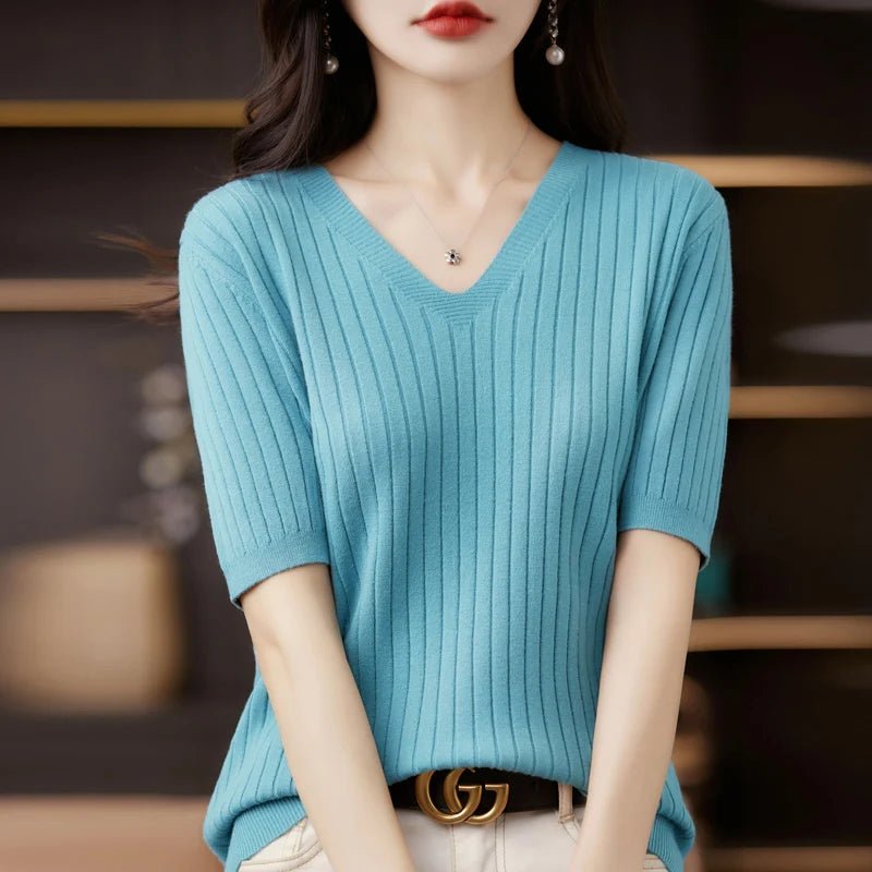 Women's Sweater Spring Summer Short Sleeve V-neck Knit Shirt Casual Korean Pullovers Stripe Bottoming Shirt Slim Fit Jumpers