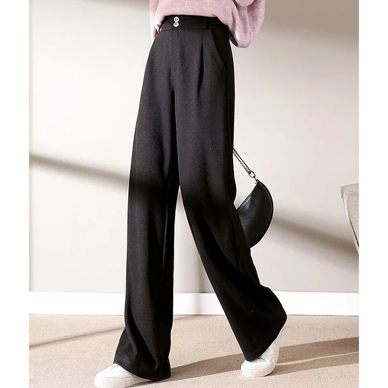 Autumn Winter Female Classic Daily Woolen Pants Girls Narrow Straight Leg Trousers Lady Solid Thicken High Waisted Pants