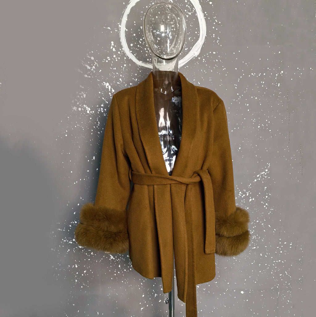 UCXQ Elegant OL Office Lady Overcoats Fur Patchwork Long Sleeve Woolen Coat Beautiful Women's Clothing Jacket Autumn 2025 Winter