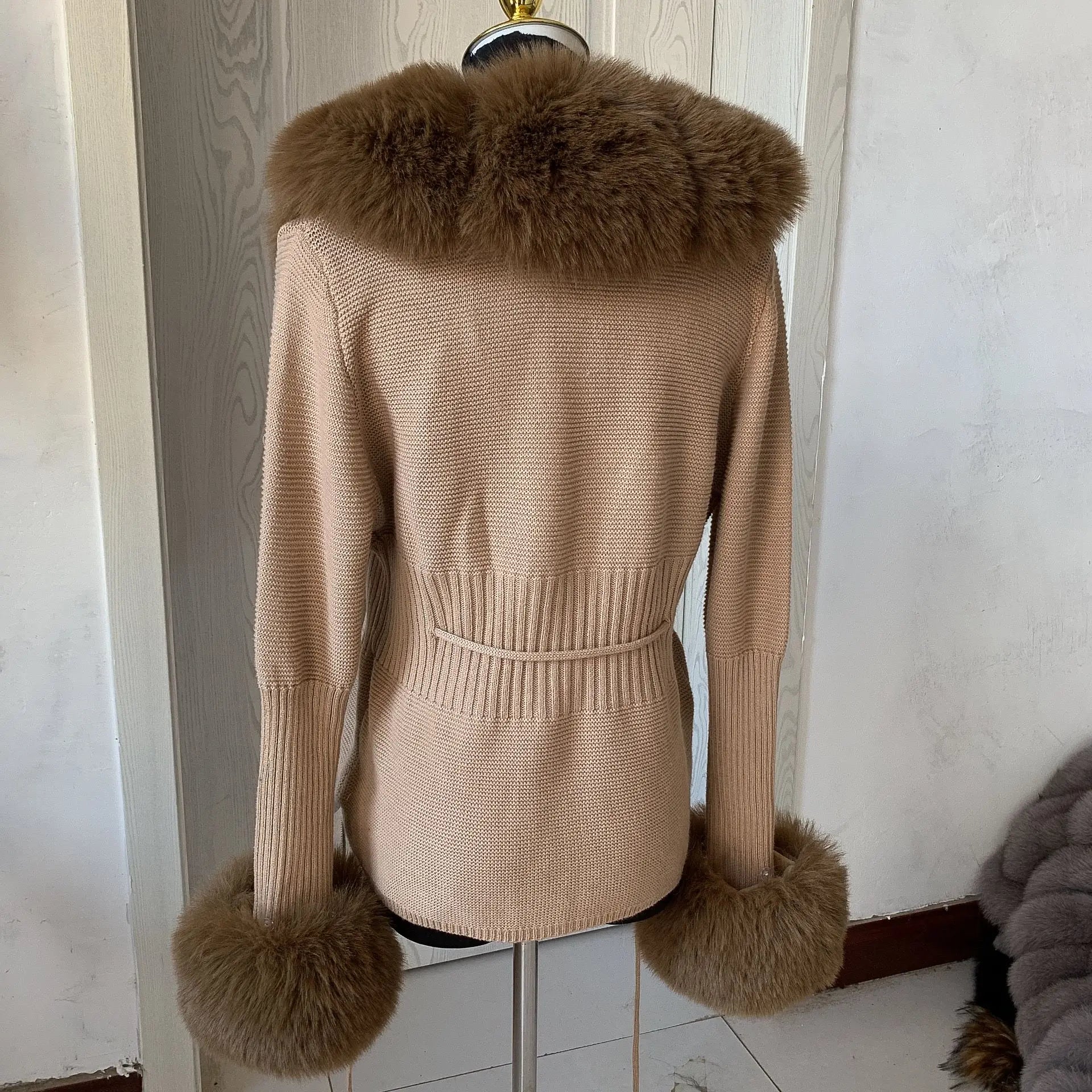 Women Faux Fur Knit Sweater cardigan Spring Autumn elegant Knitted sweater with faux fox fur collar Ladies Fashion Coat fur coat