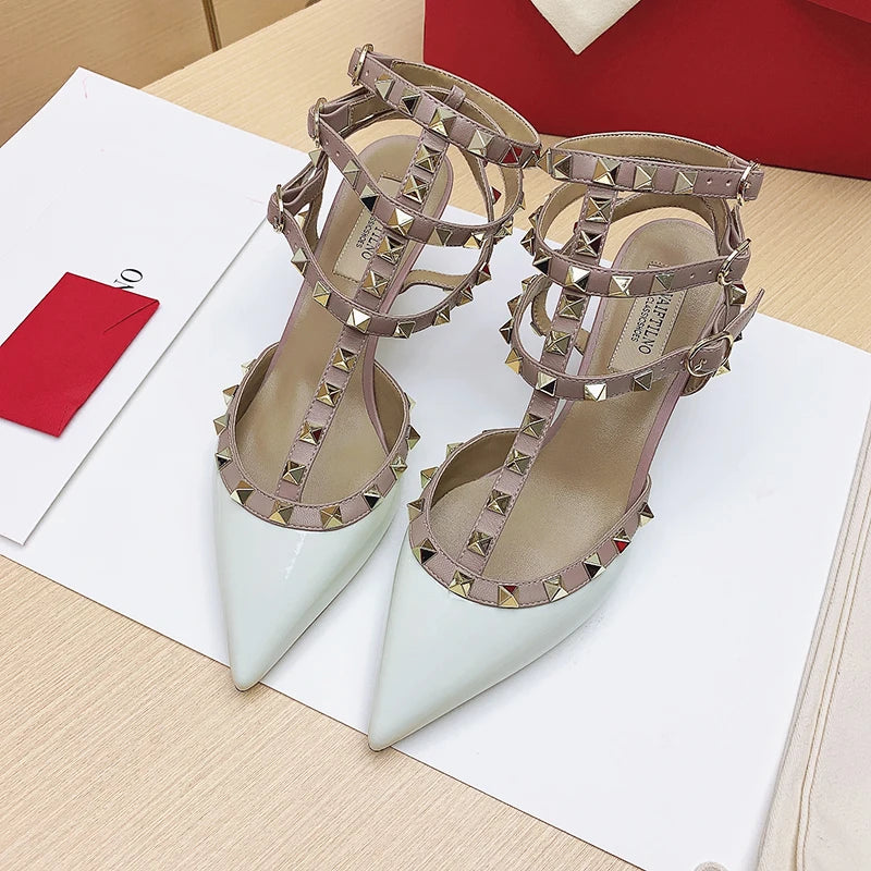 Three straps Rivet Heeled sandals luxury Women's Gladiator sandals summer Brand Slingbacks High Heels designer party Ladies Shoe