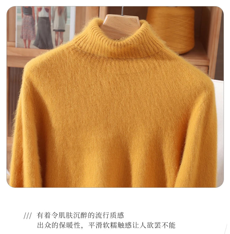 Autumn And Winter New 100% Mink Cashmere Sweater Ladies' High Lapel Solid Color Padded Pullover Wool Knitted Bottoming Shirt