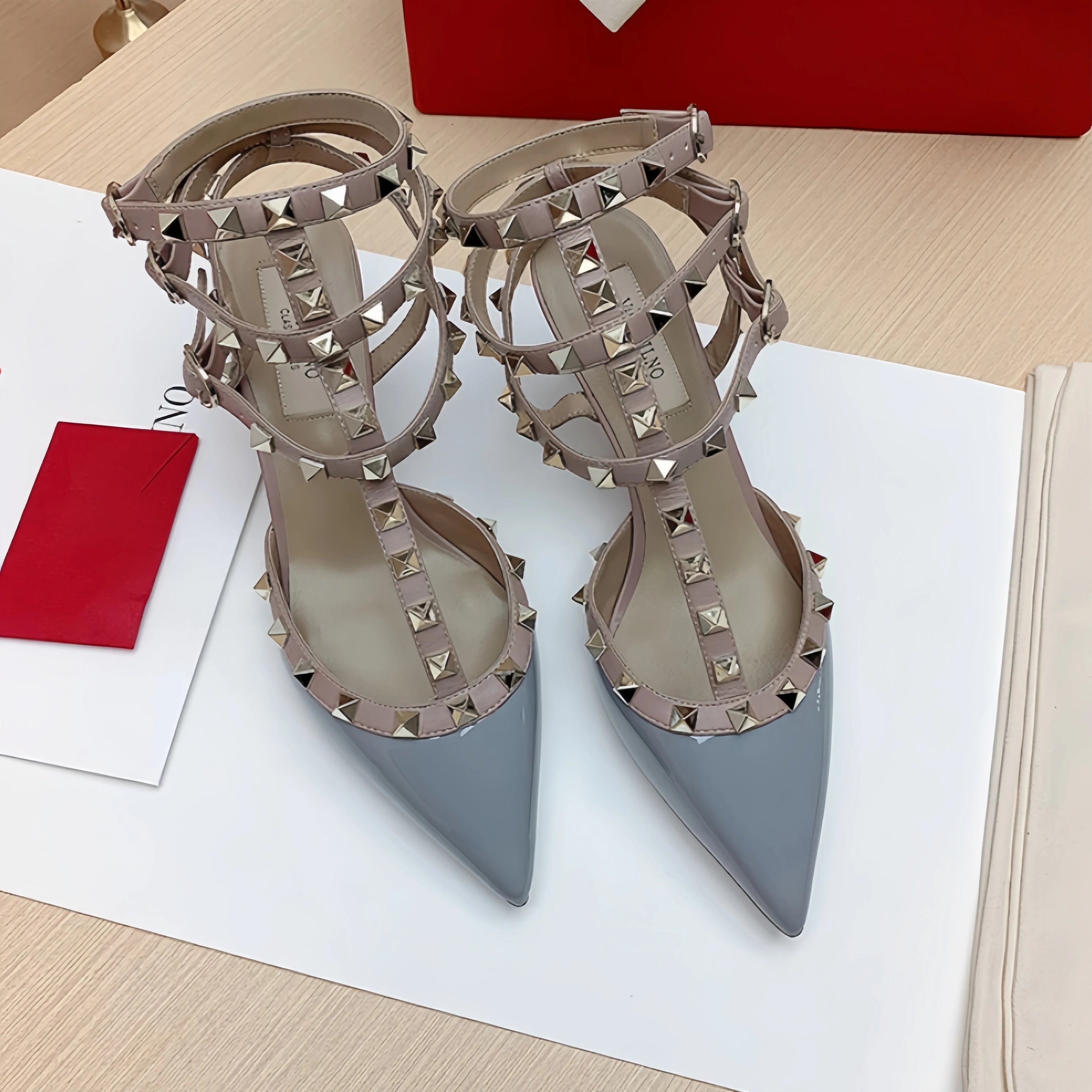 Three straps Rivet Heeled sandals luxury Women's Gladiator sandals summer Brand Slingbacks High Heels designer party Ladies Shoe