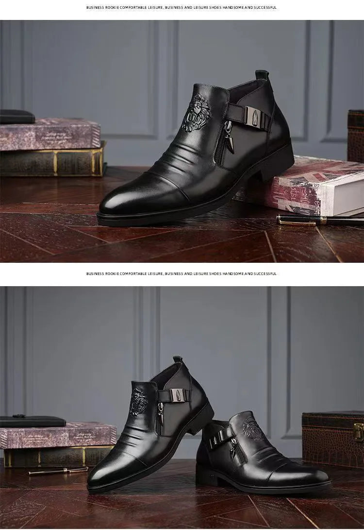 Trendy Men Boots Luxury Men's Shoes High Quality Leather Embossing Men's Boots Zip Male Leather Shoes Hard-Wearing Work Footwear