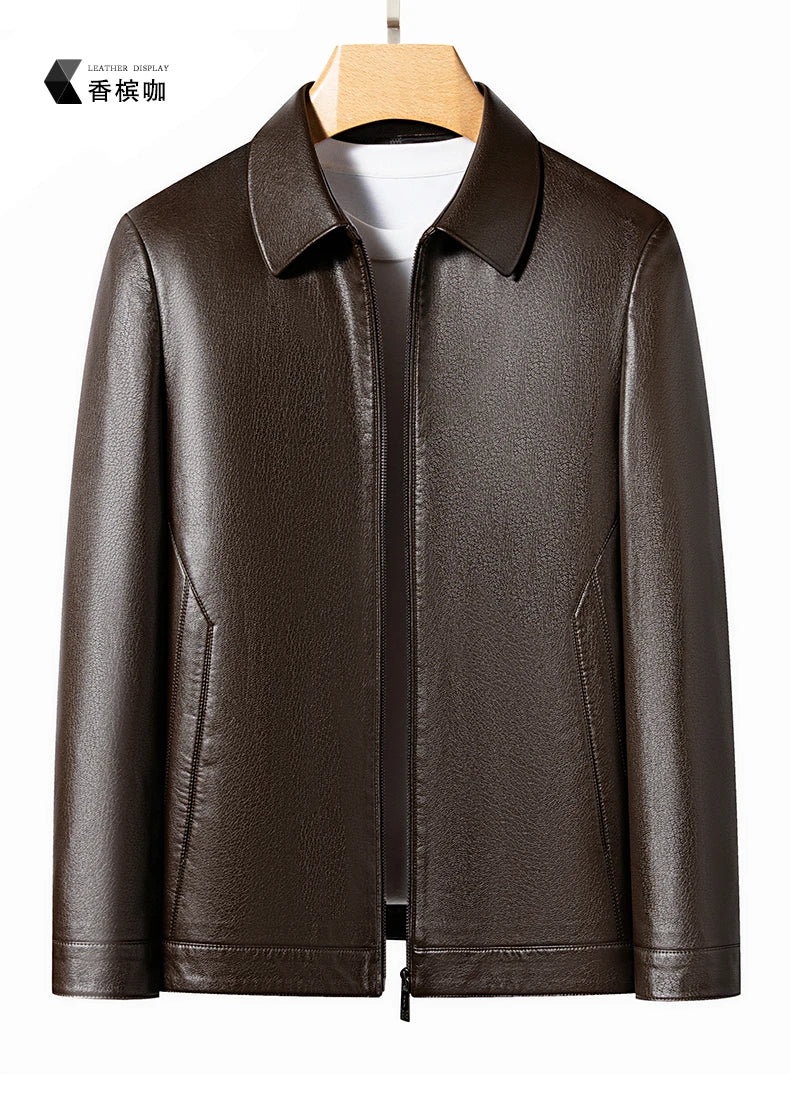 YN-2335 Spring and Autumn Men's Genuine Leather Polo Mock Neck Jacket Fashion Slim Sheepskin Coat Black Grey Husband Gift Youth