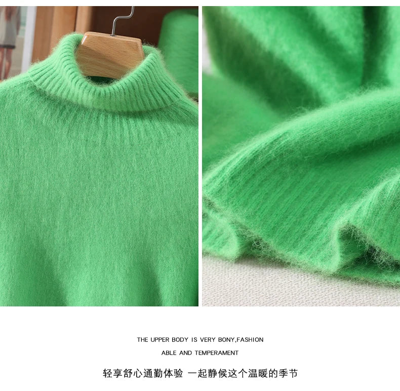 Autumn And Winter New 100% Mink Cashmere Sweater Ladies' High Lapel Solid Color Padded Pullover Wool Knitted Bottoming Shirt