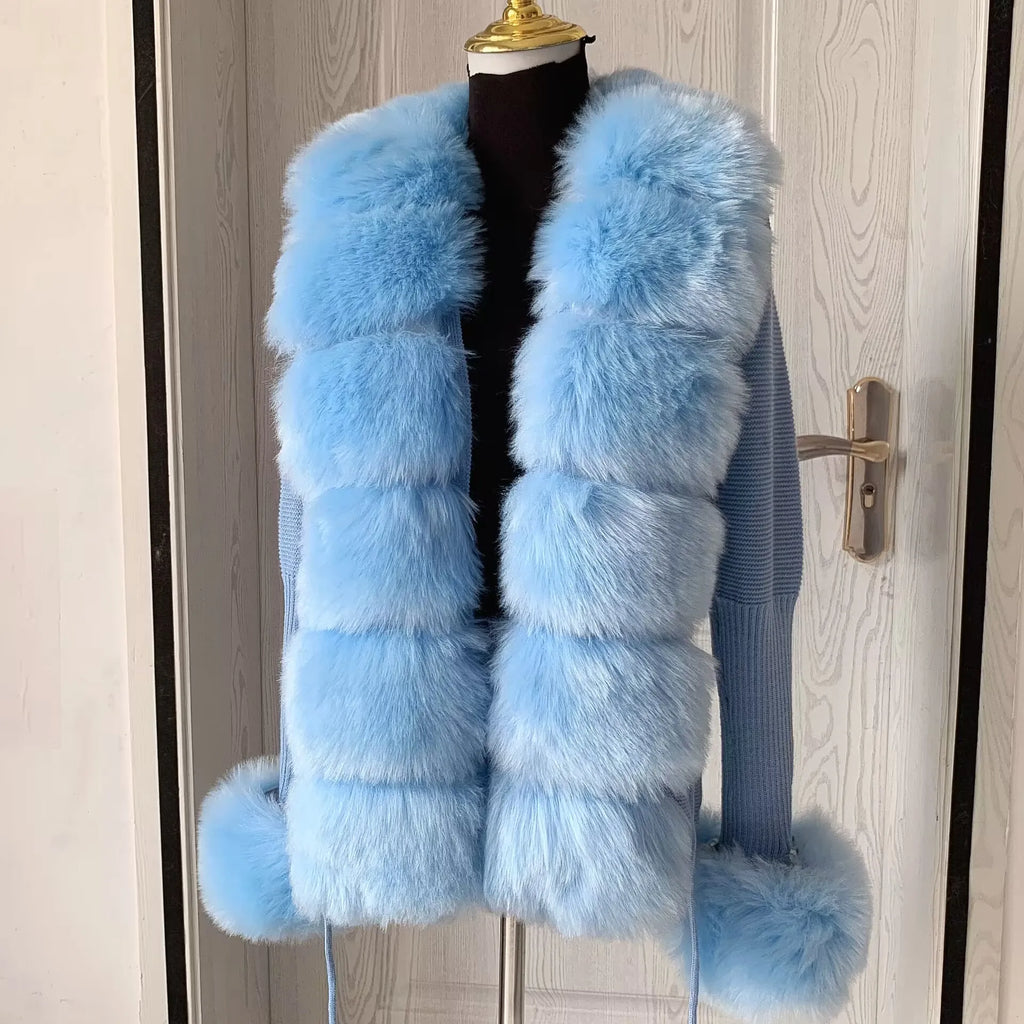 Women Faux Fur Knit Sweater cardigan Spring Autumn elegant Knitted sweater with faux fox fur collar Ladies Fashion Coat fur coat