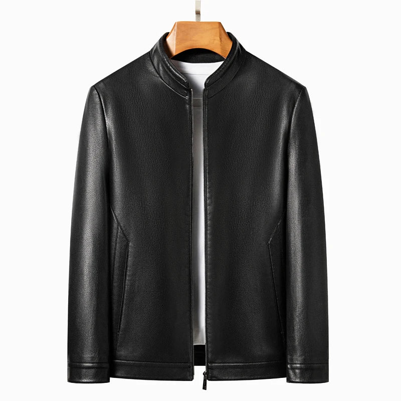 YN-2335 Spring and Autumn Men's Genuine Leather Polo Mock Neck Jacket Fashion Slim Sheepskin Coat Black Grey Husband Gift Youth