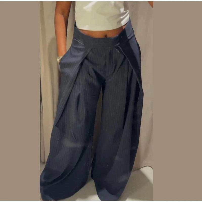 Casual Striped Loose Pants Women High Waist Pleated Straight Long Wide Leg Trousers Female 2025 Fashion Autumn Lady Bottoms
