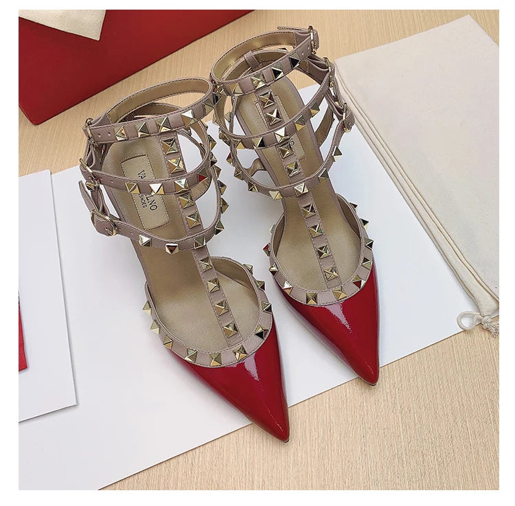 Three straps Rivet Heeled sandals luxury Women's Gladiator sandals summer Brand Slingbacks High Heels designer party Ladies Shoe