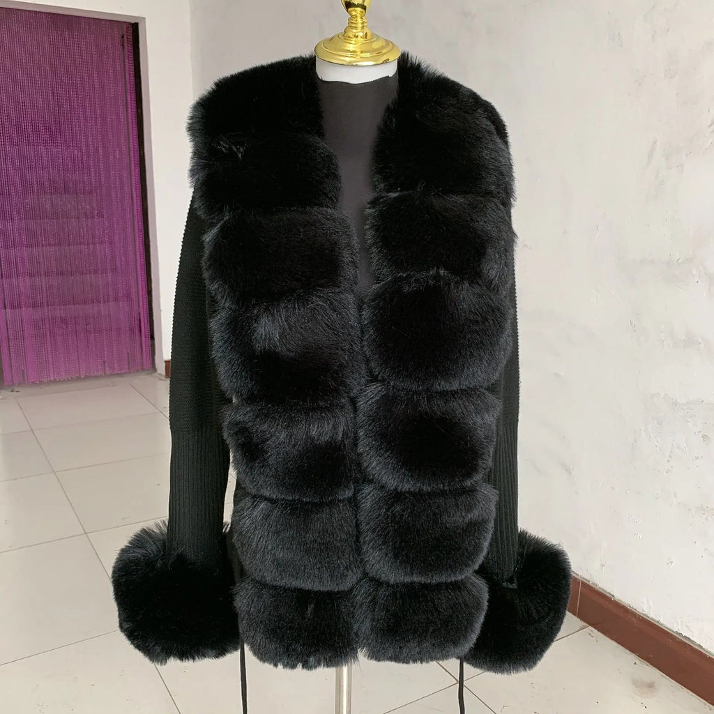 Women Faux Fur Knit Sweater cardigan Spring Autumn elegant Knitted sweater with faux fox fur collar Ladies Fashion Coat fur coat