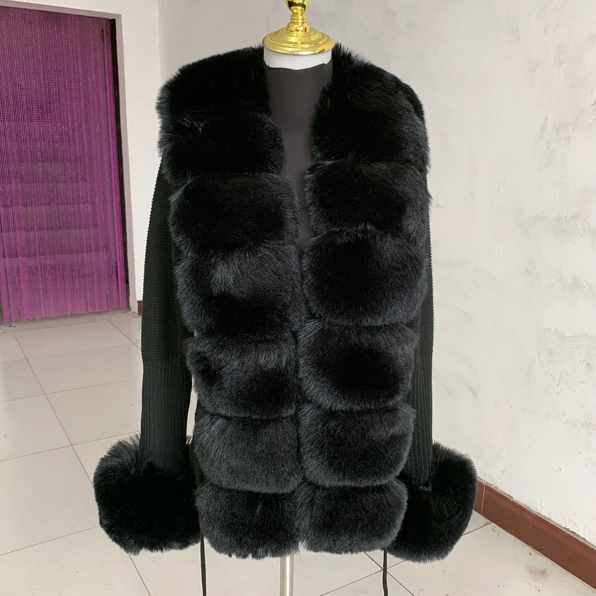 Women Faux Fur Knit Sweater cardigan Spring Autumn elegant Knitted sweater with faux fox fur collar Ladies Fashion Coat fur coat