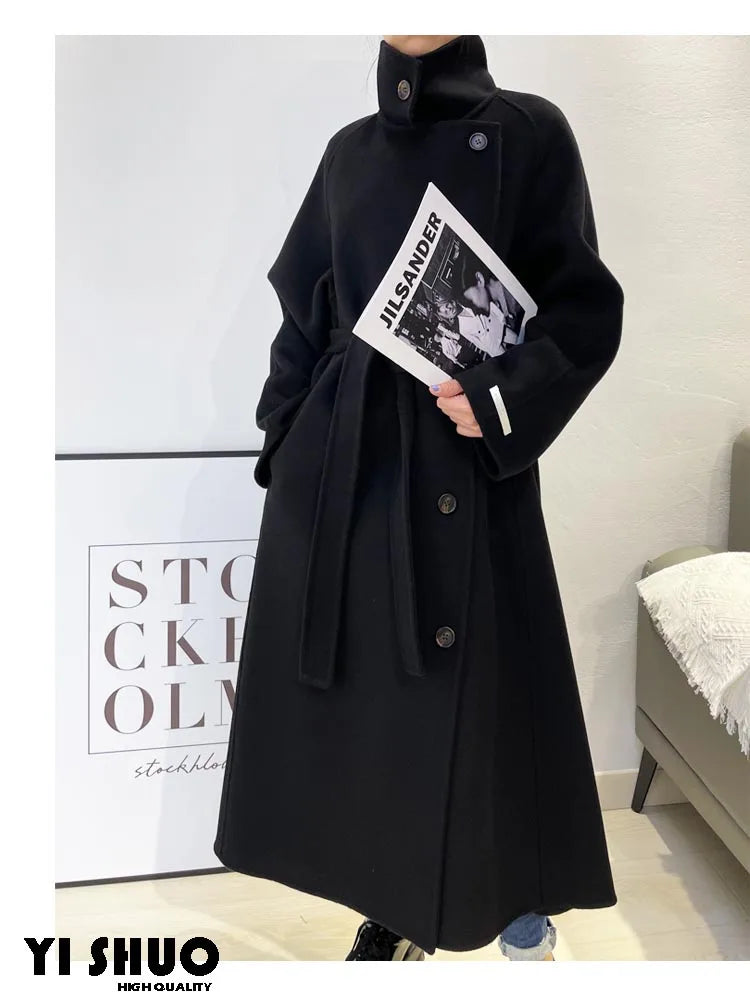 Korean Fashion Dark Gray Stand Collar 100%Wool Coat Women Long Winter Jacket