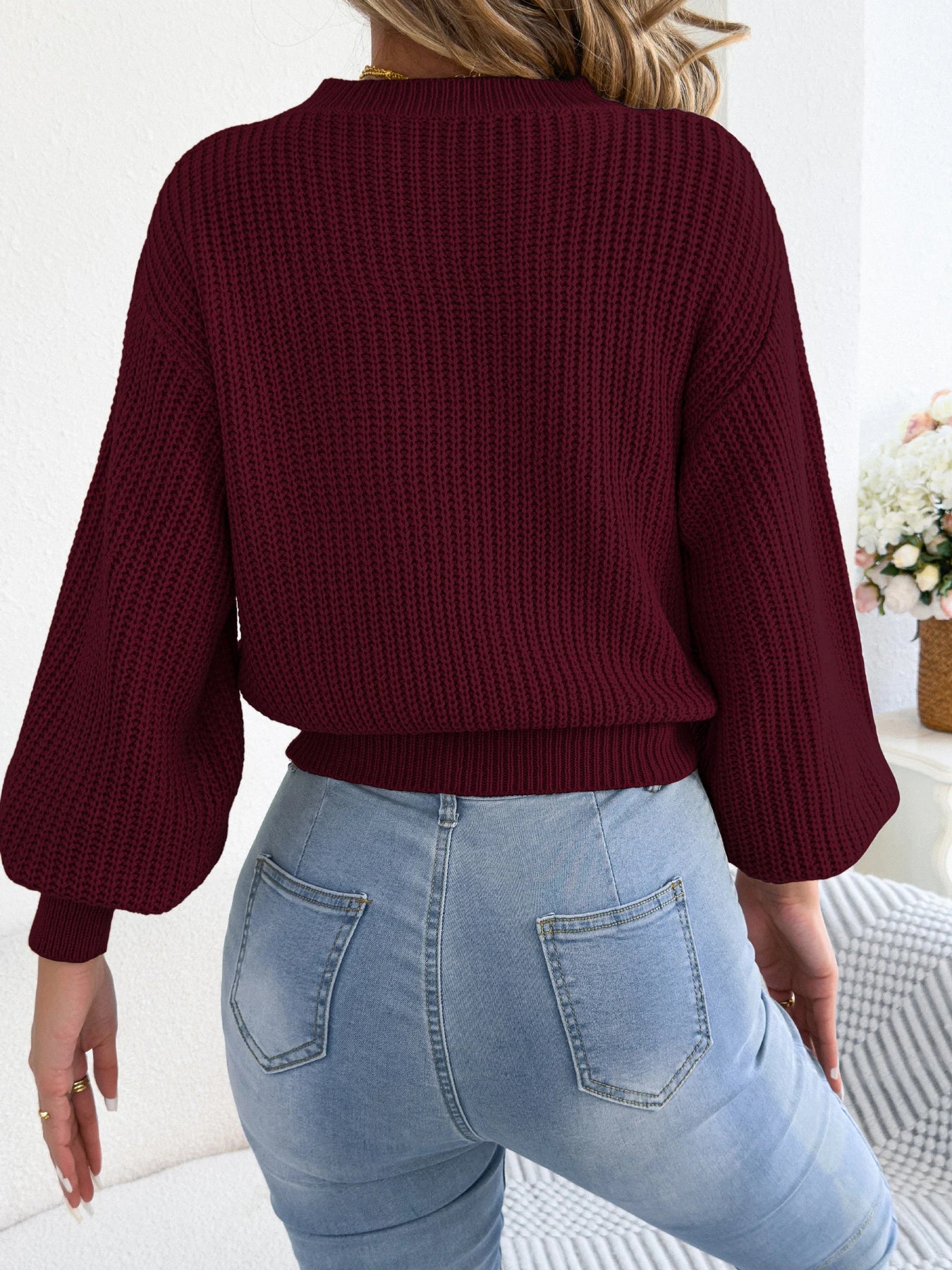 Women's Solid Color Round Neck Lantern Long Sleeve Knitted Sweaters for 2025 Autumn Winter Clothes Yellow Red Khaki