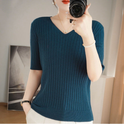 Women's Sweater Spring Summer Short Sleeve V-neck Knit Shirt Casual Korean Pullovers Stripe Bottoming Shirt Slim Fit Jumpers
