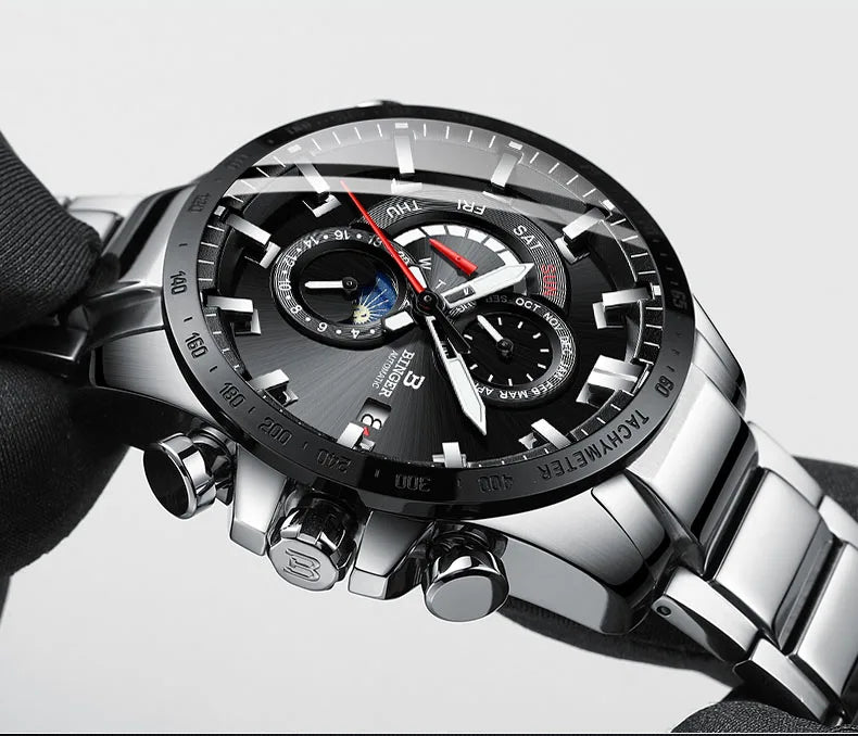 Genuine Luxury Switzerland BINGER Brand Mens Watches Automatic Mechanical Luminous Waterproof Running Calendar Male Moon Phase