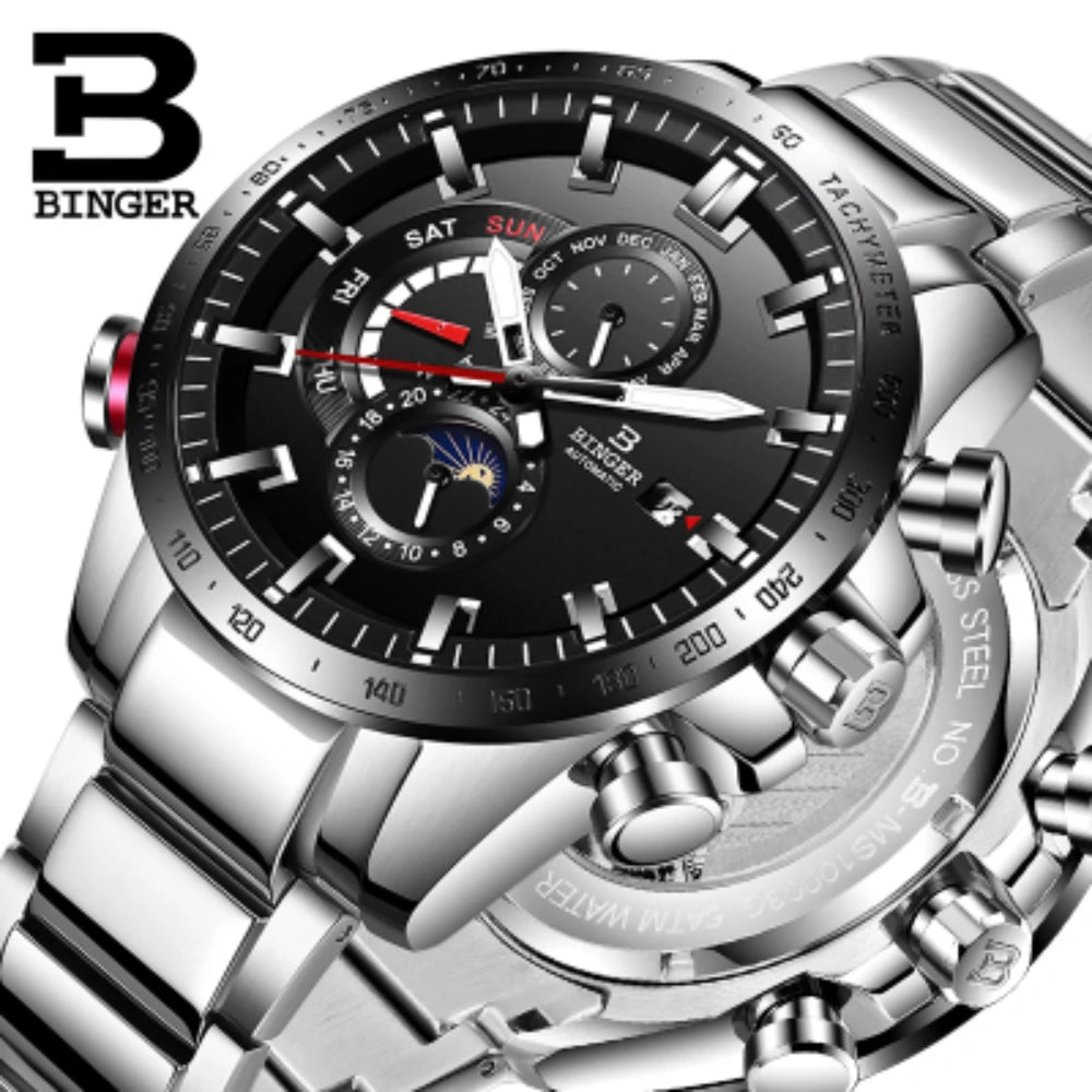 Genuine Luxury Switzerland BINGER Brand Mens Watches Automatic Mechanical Luminous Waterproof Running Calendar Male Moon Phase