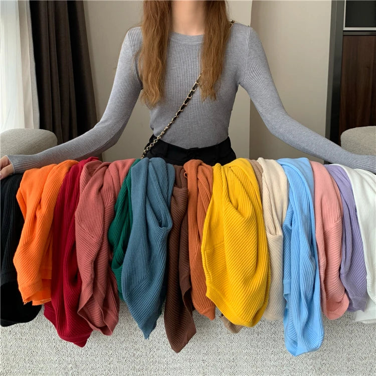 2025 New Women Sweater Autumn Winter Long Sleeve Pullover Basic Top Fashion O-neck Elastic Female Winter Solid Knitted Jumper