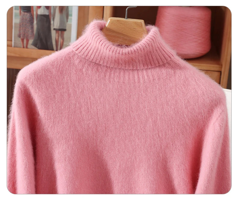 Autumn And Winter New 100% Mink Cashmere Sweater Ladies' High Lapel Solid Color Padded Pullover Wool Knitted Bottoming Shirt