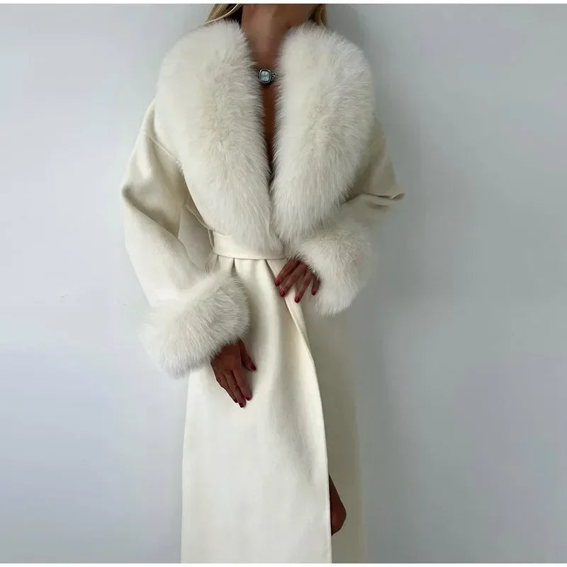 Elegant Fur Patchwork Woolen Coat Women Chic Full Sleeve V-neck Lace Up Loose Long Overcoat 2025 Lady Winter Commute Outwear