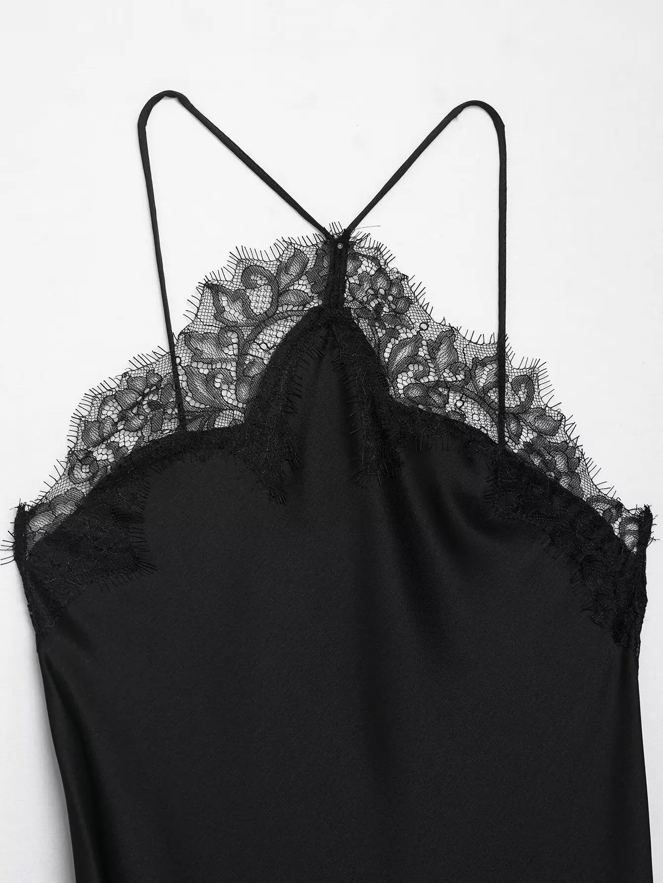 BSAY 2025 Summer New Product Women's Lace Decorative Satin Texture Strap Sexy Dress with Hanging Neck and Asymmetric Bottom