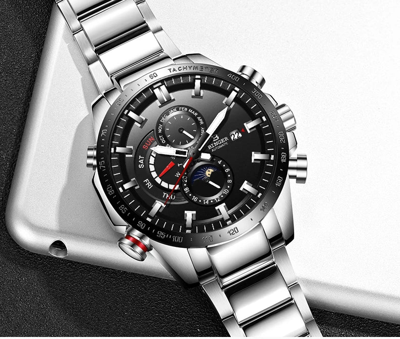 Genuine Luxury Switzerland BINGER Brand Mens Watches Automatic Mechanical Luminous Waterproof Running Calendar Male Moon Phase