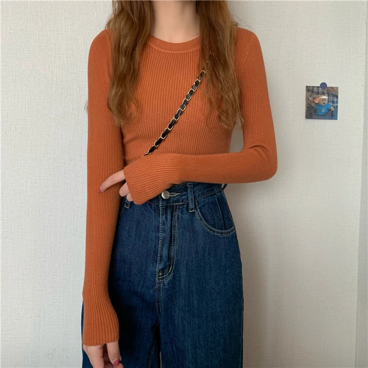 2025 New Women Sweater Autumn Winter Long Sleeve Pullover Basic Top Fashion O-neck Elastic Female Winter Solid Knitted Jumper