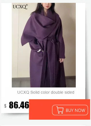 UCXQ Elegant OL Office Lady Overcoats Fur Patchwork Long Sleeve Woolen Coat Beautiful Women's Clothing Jacket Autumn 2025 Winter