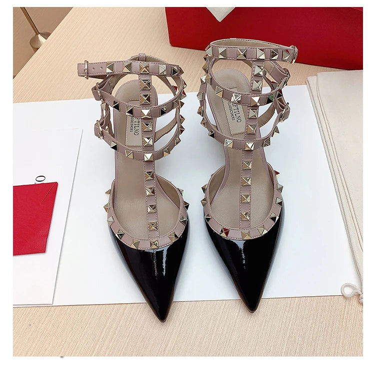 Three straps Rivet Heeled sandals luxury Women's Gladiator sandals summer Brand Slingbacks High Heels designer party Ladies Shoe