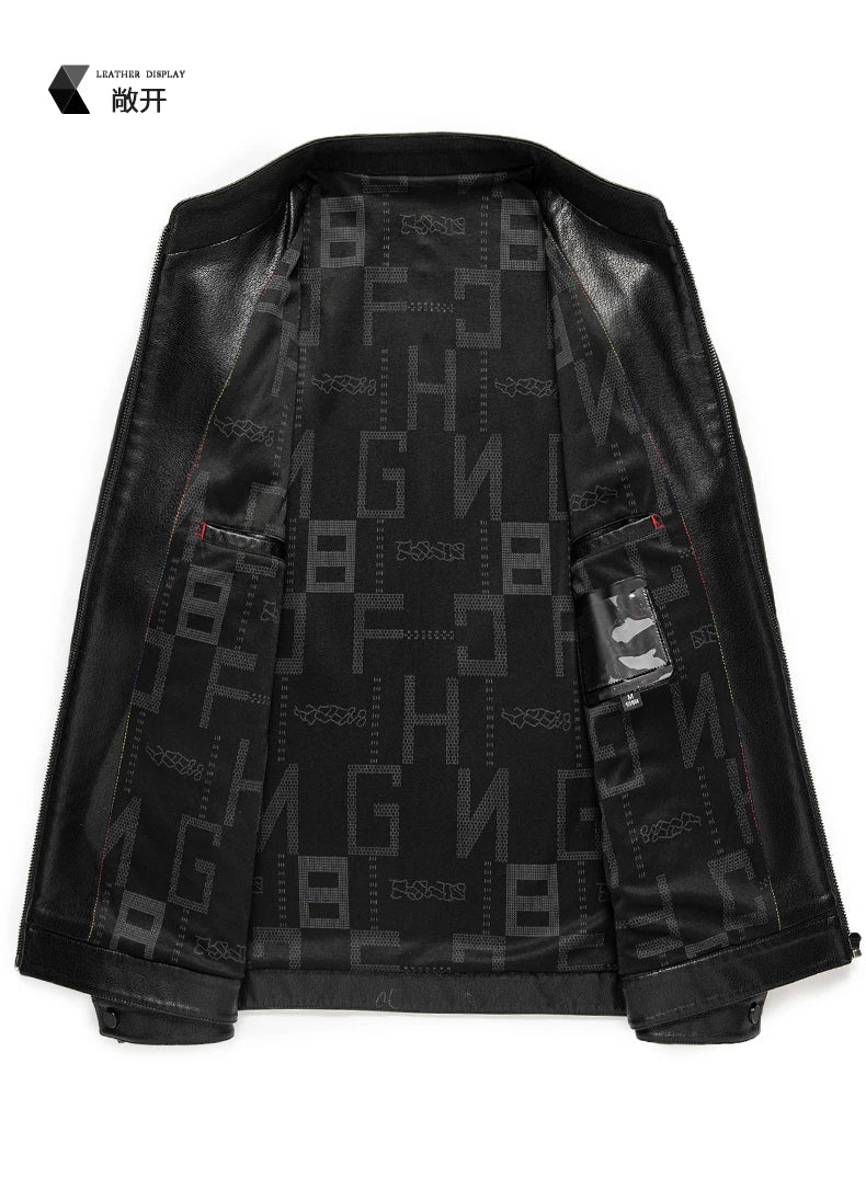 YN-2335 Spring and Autumn Men's Genuine Leather Polo Mock Neck Jacket Fashion Slim Sheepskin Coat Black Grey Husband Gift Youth