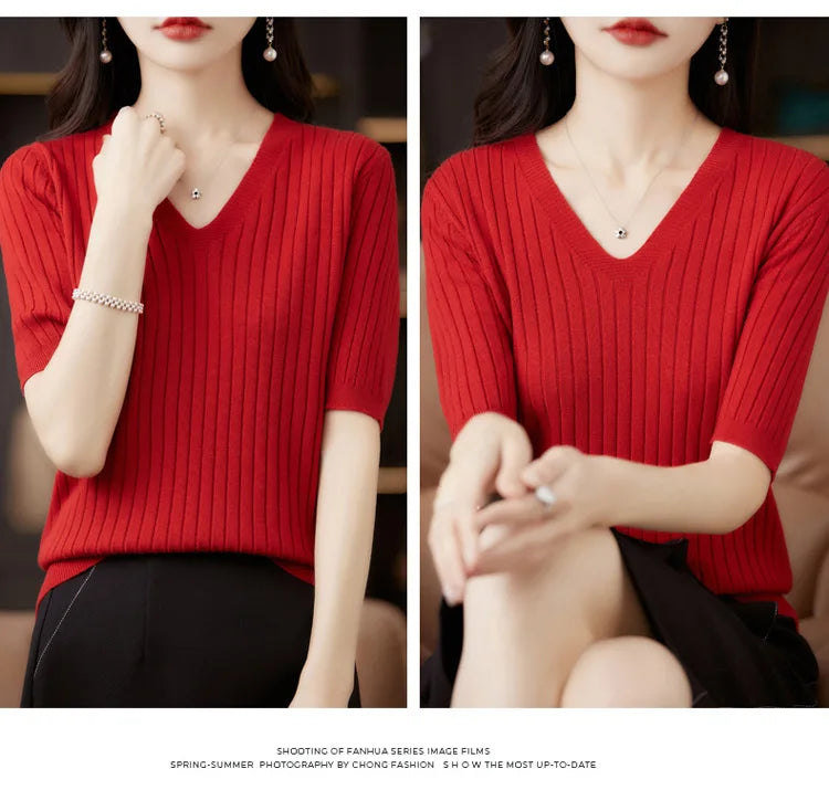 Women's Sweater Spring Summer Short Sleeve V-neck Knit Shirt Casual Korean Pullovers Stripe Bottoming Shirt Slim Fit Jumpers