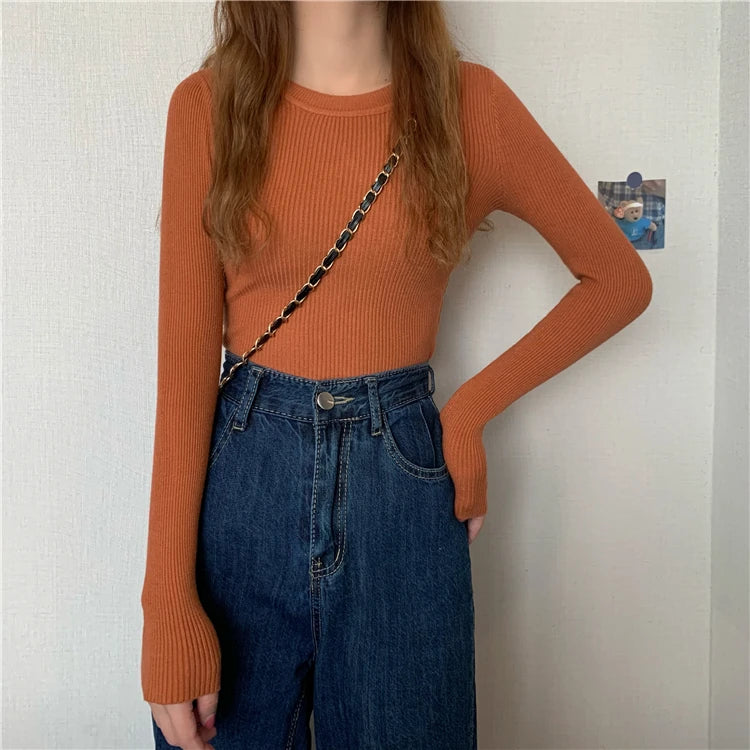 2025 New Women Sweater Autumn Winter Long Sleeve Pullover Basic Top Fashion O-neck Elastic Female Winter Solid Knitted Jumper